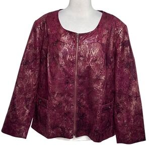 Susan Graver Jacket 2X Burgundy Metallic Gold Snakeskin Zip Up Faux Leather Moto